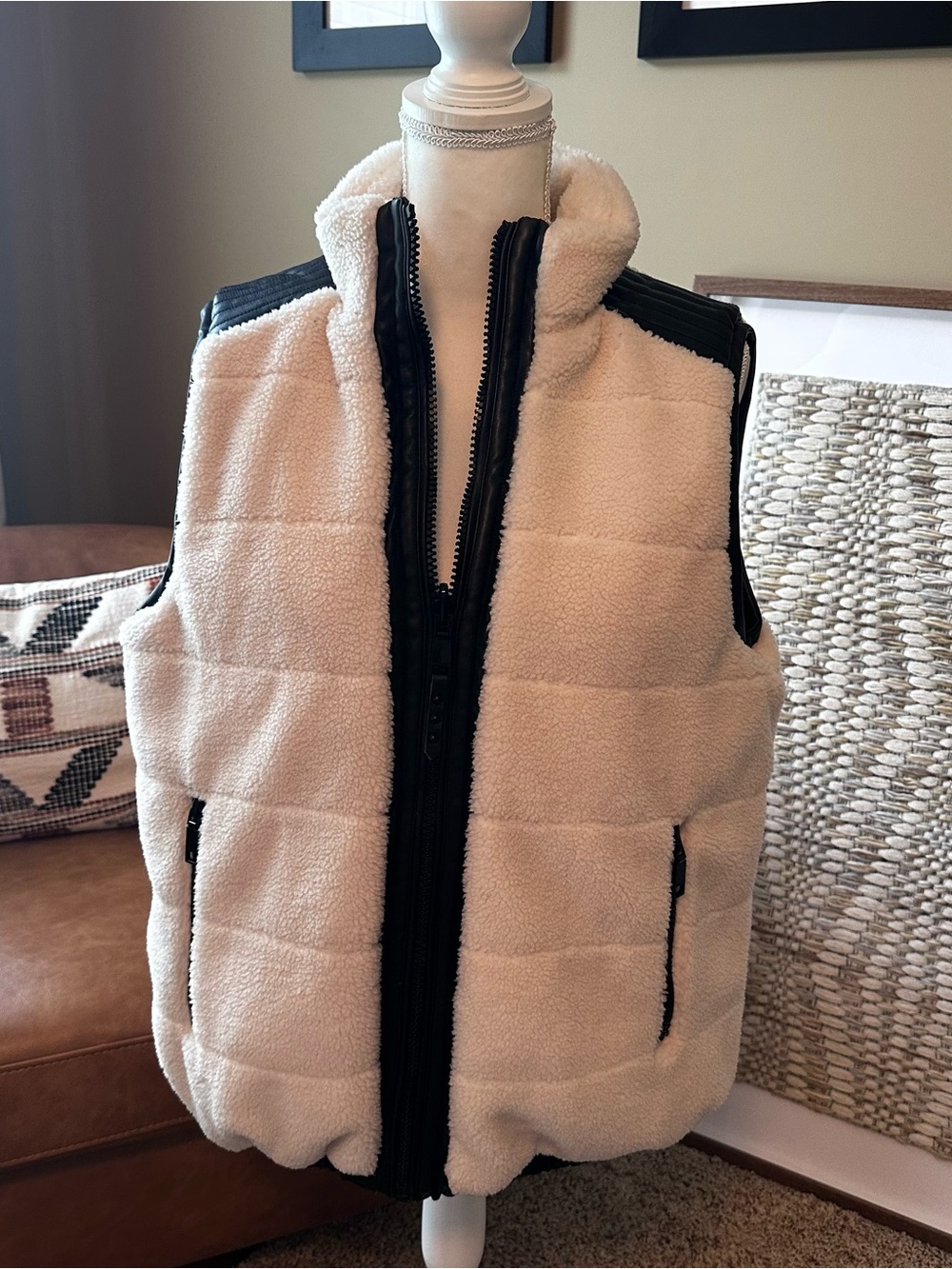 Rebecca Minkoff Reversable Cozy Cream Sherpa Puffer Vest with Black Trim